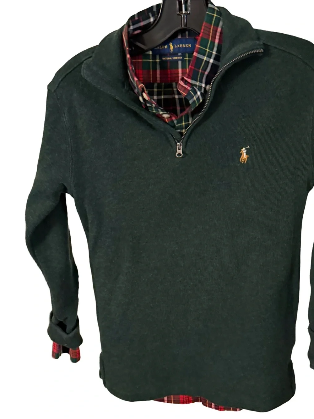 Ralph Lauren Boys 2 PCS Set Tartan Plaid Shirt 1/4 Zip Green Sweater Sz 10-12